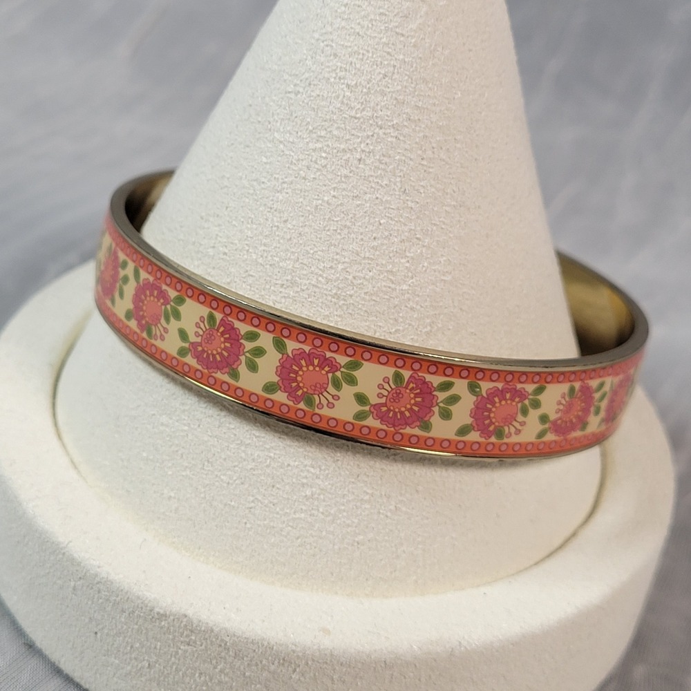 Vera Bradley Lilli Belle Floral Bangle Bracelet Pink Orange Gold Tone 8"
